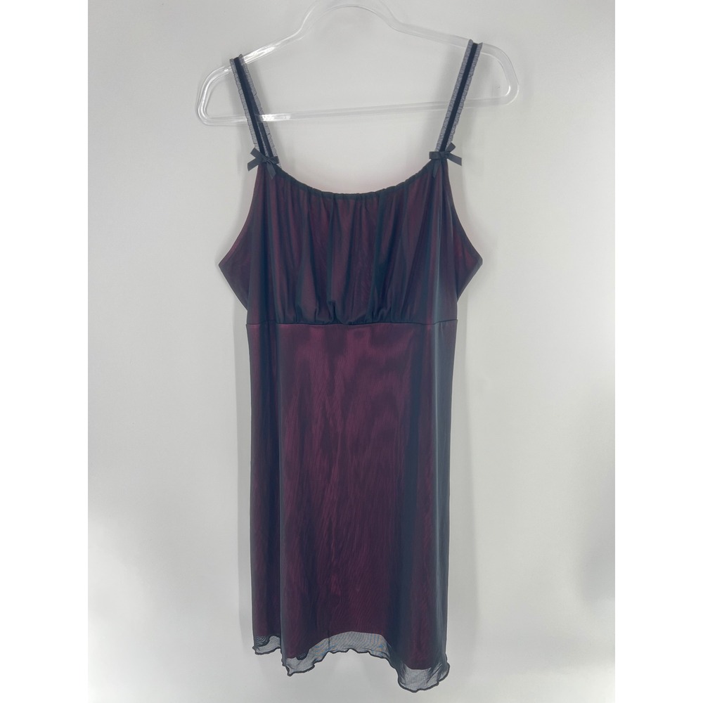 Goth Mesh overlay Mini Dress Burgundy Black Iridescent Bow Y2K Babydoll milkmaid
